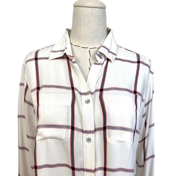 Stylus Women's White Red 100% Rayon Window Pane Button Down Flannel Shirt Size S - Picture 2 of 8